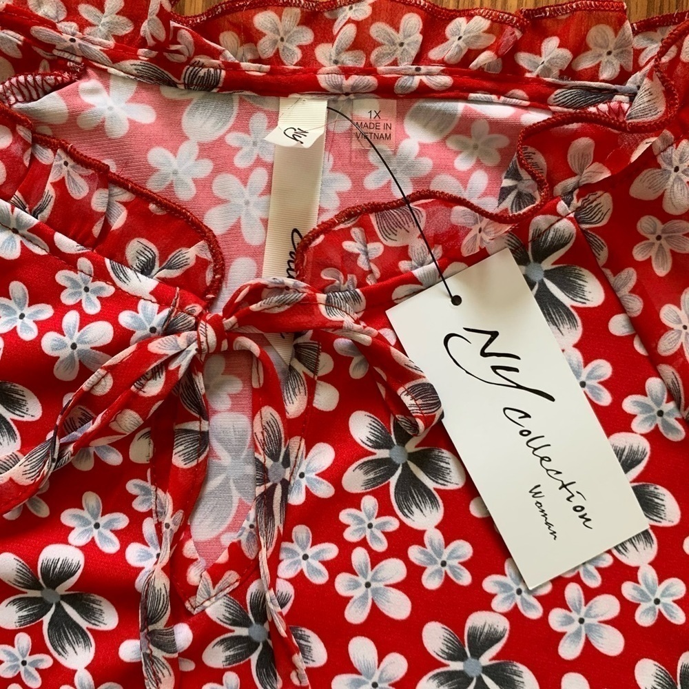 NY COLLECTION 1X Plus Size Floral Red relaxed fit women's Blouse top shirt - Picture 9 of 12